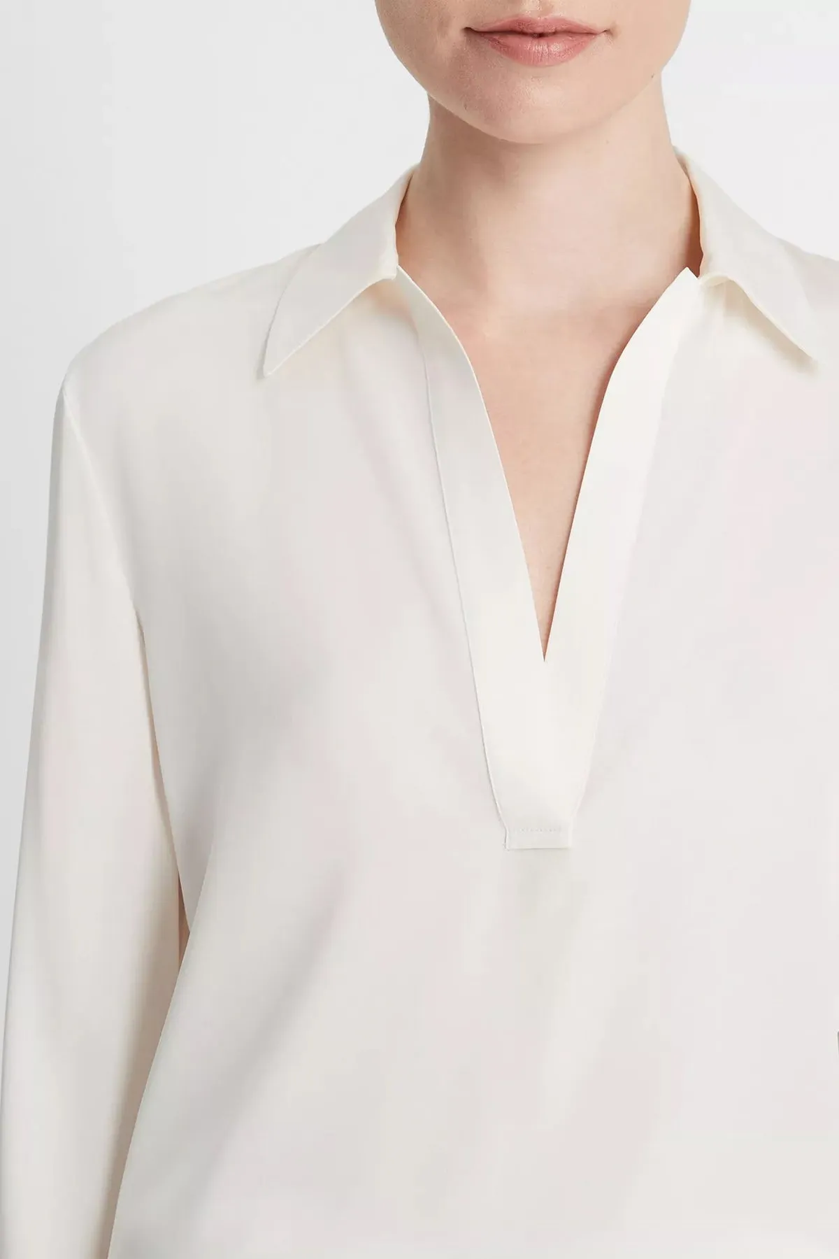 Stretch-Silk Long-Sleeve Polo Blouse in Off-White