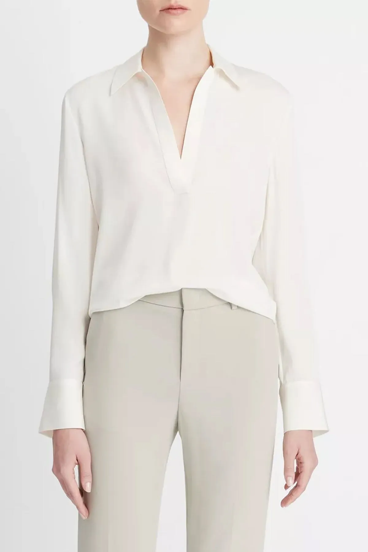 Stretch-Silk Long-Sleeve Polo Blouse in Off-White