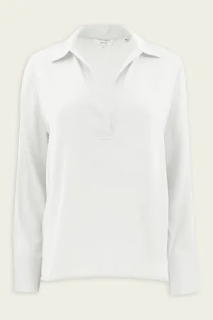 Stretch-Silk Long-Sleeve Polo Blouse in Off-White