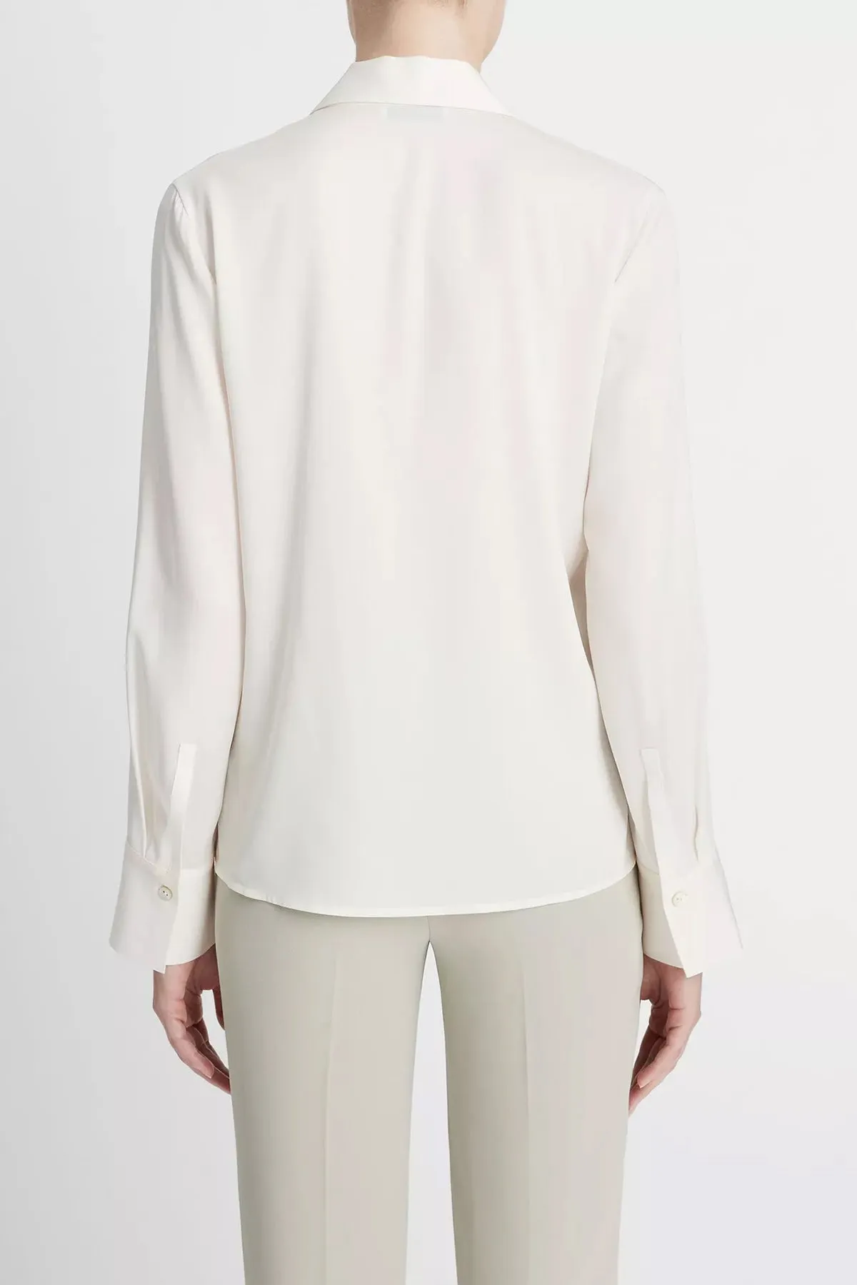 Stretch-Silk Long-Sleeve Polo Blouse in Off-White
