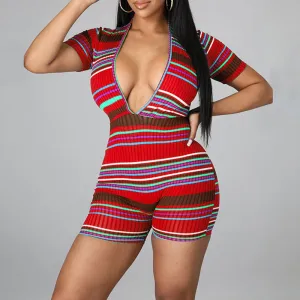 Striped Deep V-Neck Short Sleeve Romper