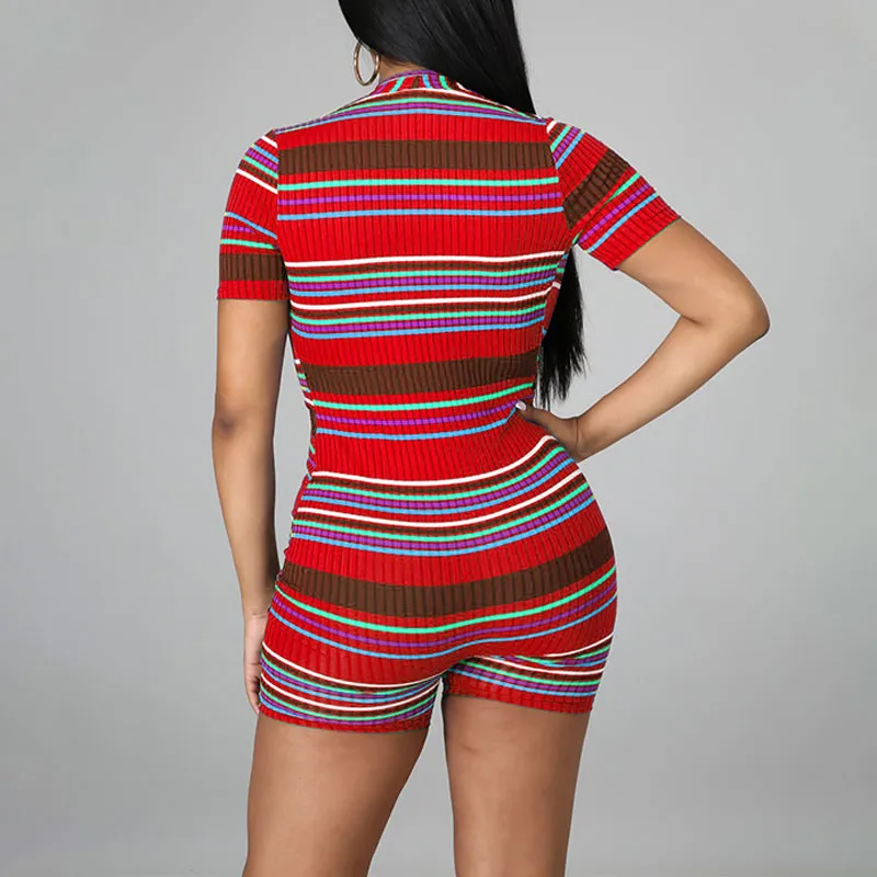 Striped Deep V-Neck Short Sleeve Romper