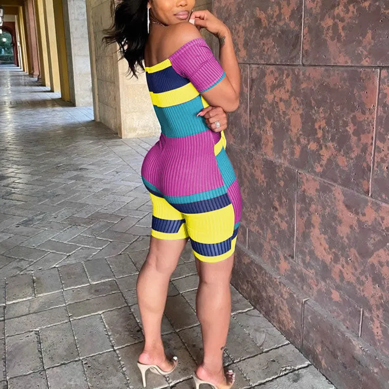 Striped Pattern Off Shoulder Short Sleeve Tied Romper