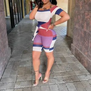 Striped Pattern Off Shoulder Short Sleeve Tied Romper