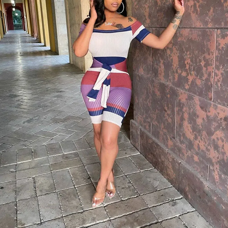 Striped Pattern Off Shoulder Short Sleeve Tied Romper