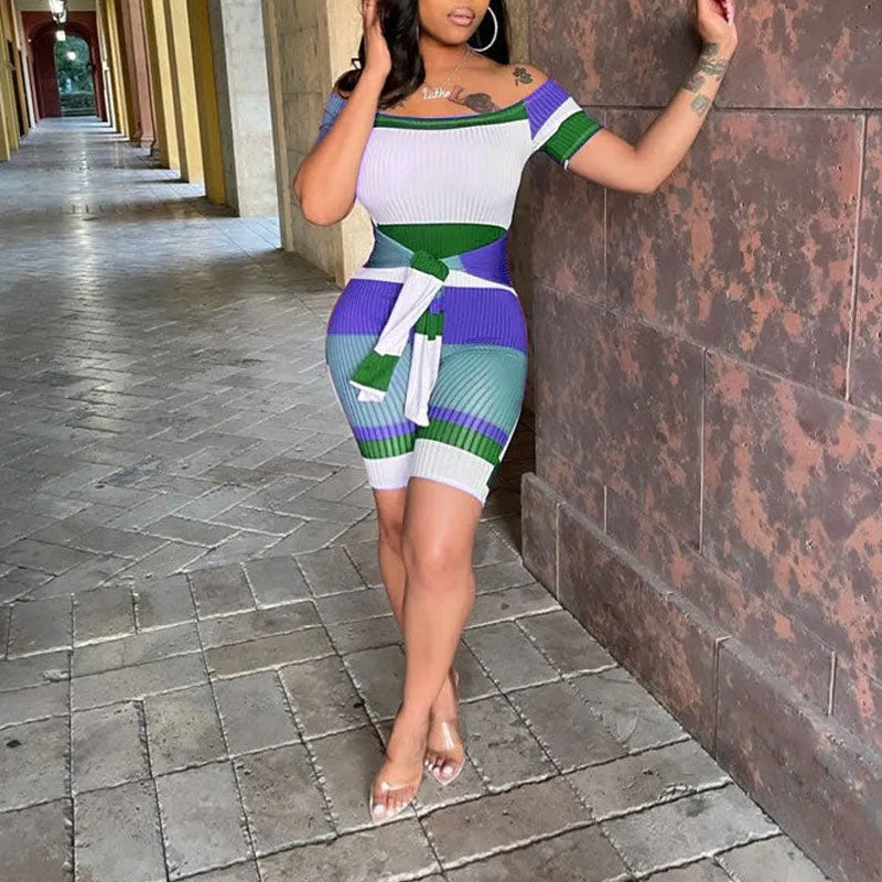 Striped Pattern Off Shoulder Short Sleeve Tied Romper