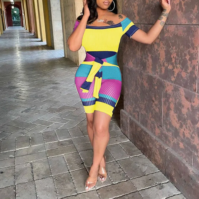 Striped Pattern Off Shoulder Short Sleeve Tied Romper