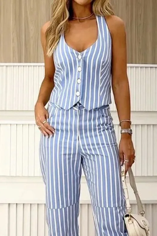 Striped printed V-neck sleeveless suit