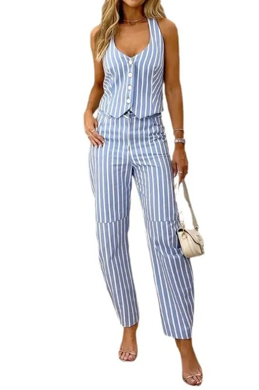 Striped printed V-neck sleeveless suit