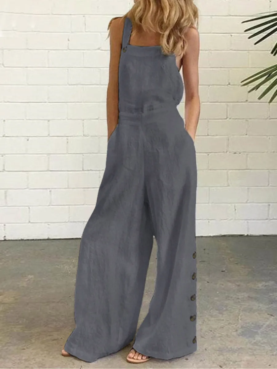 Stunncal Casual Solid Buckle Square Collar Regular Jumpsuits(5 Colors)
