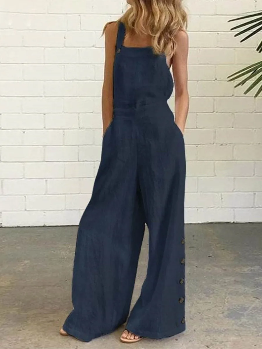 Stunncal Casual Solid Buckle Square Collar Regular Jumpsuits(5 Colors)