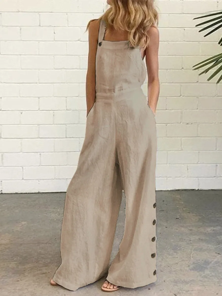 Stunncal Casual Solid Buckle Square Collar Regular Jumpsuits(5 Colors)