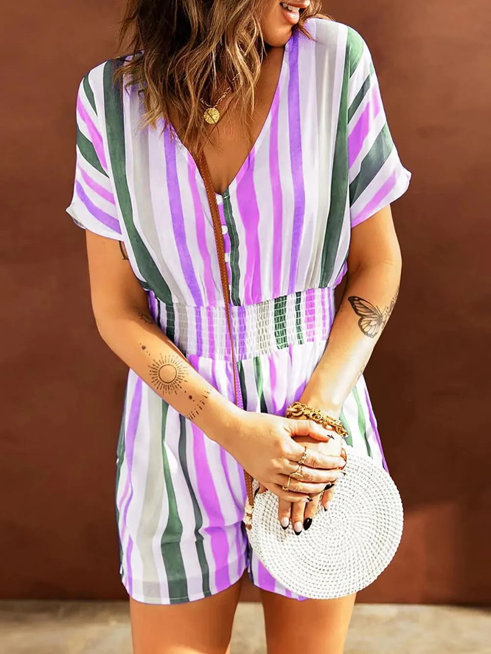 Stunncal Elastic Waist Striped Print V-Neck Jumpsuit