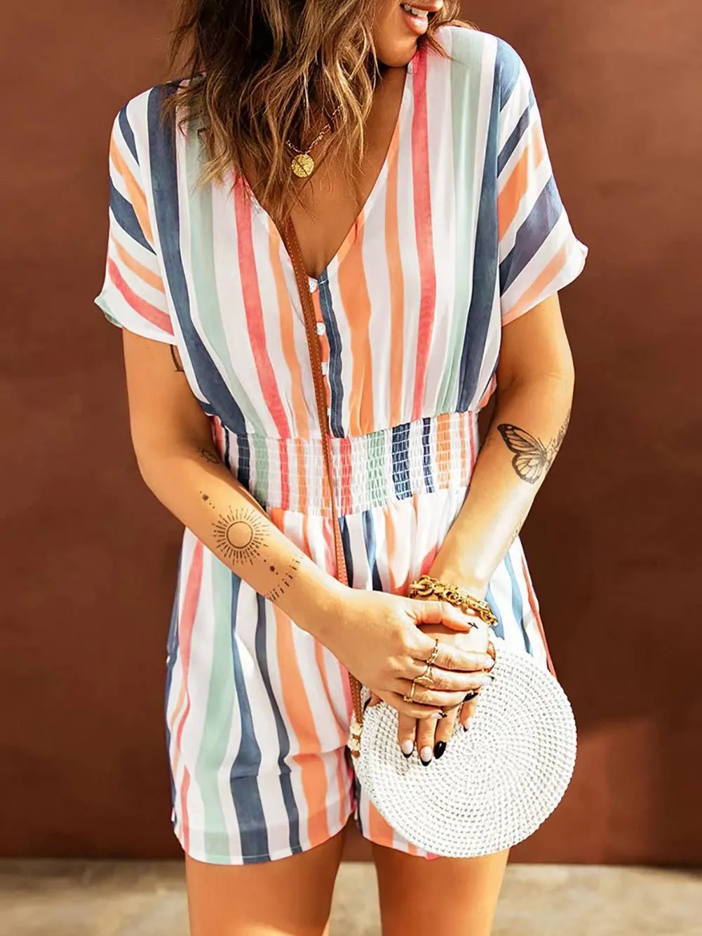 Stunncal Elastic Waist Striped Print V-Neck Jumpsuit