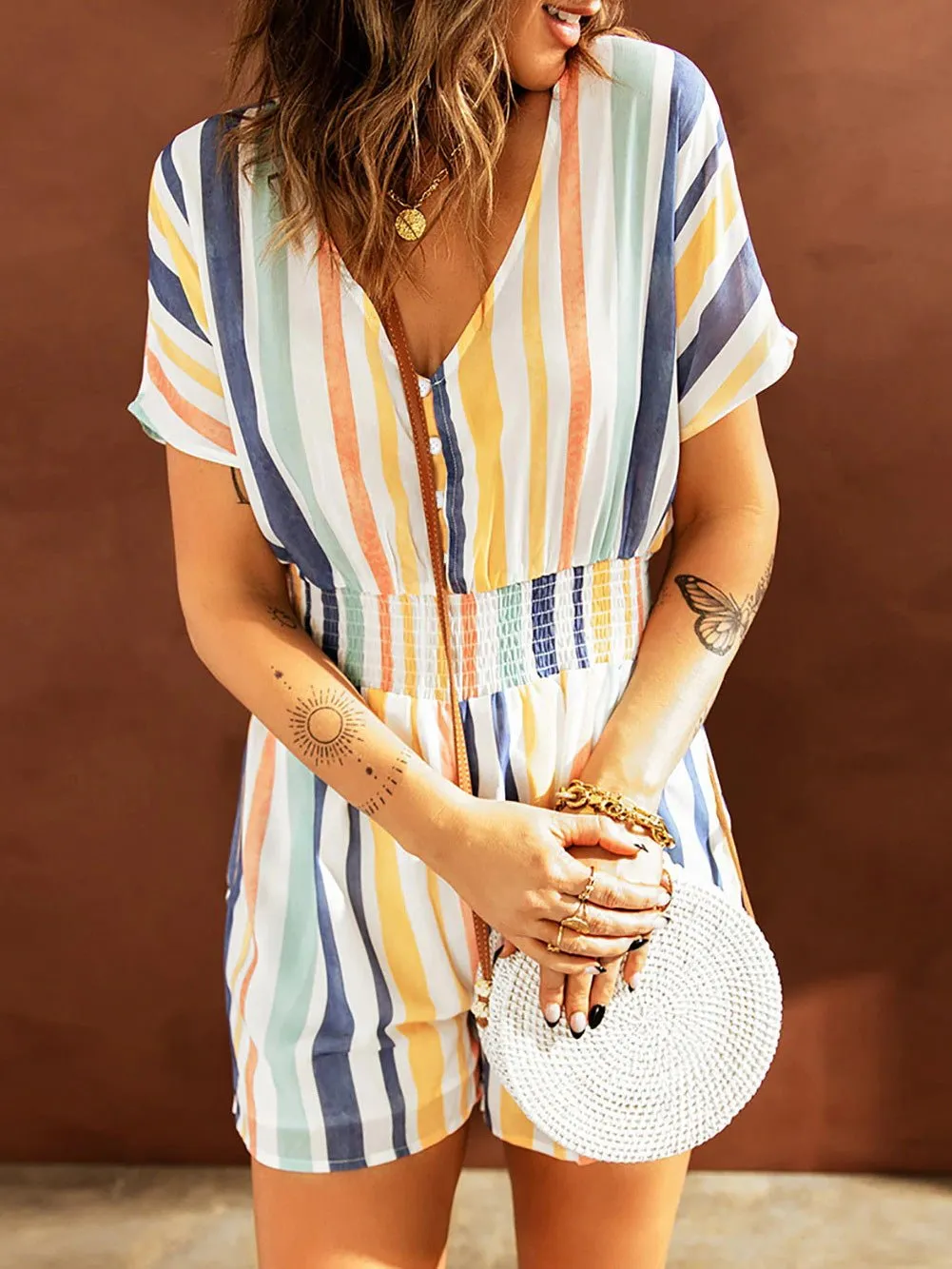 Stunncal Elastic Waist Striped Print V-Neck Jumpsuit