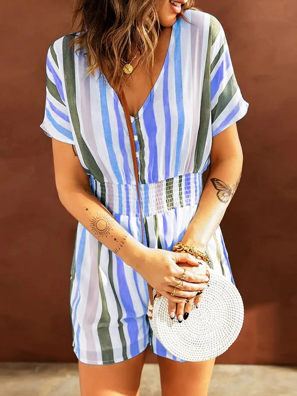 Stunncal Elastic Waist Striped Print V-Neck Jumpsuit