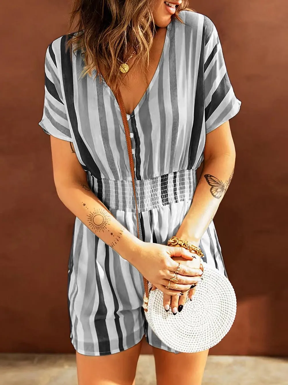 Stunncal Elastic Waist Striped Print V-Neck Jumpsuit