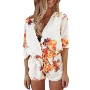 Summer Jumpsuit Fashion Women V-Neck Sexy Floral Print Botton Chiffon Rompers Casual Beach Playsuits Overalls