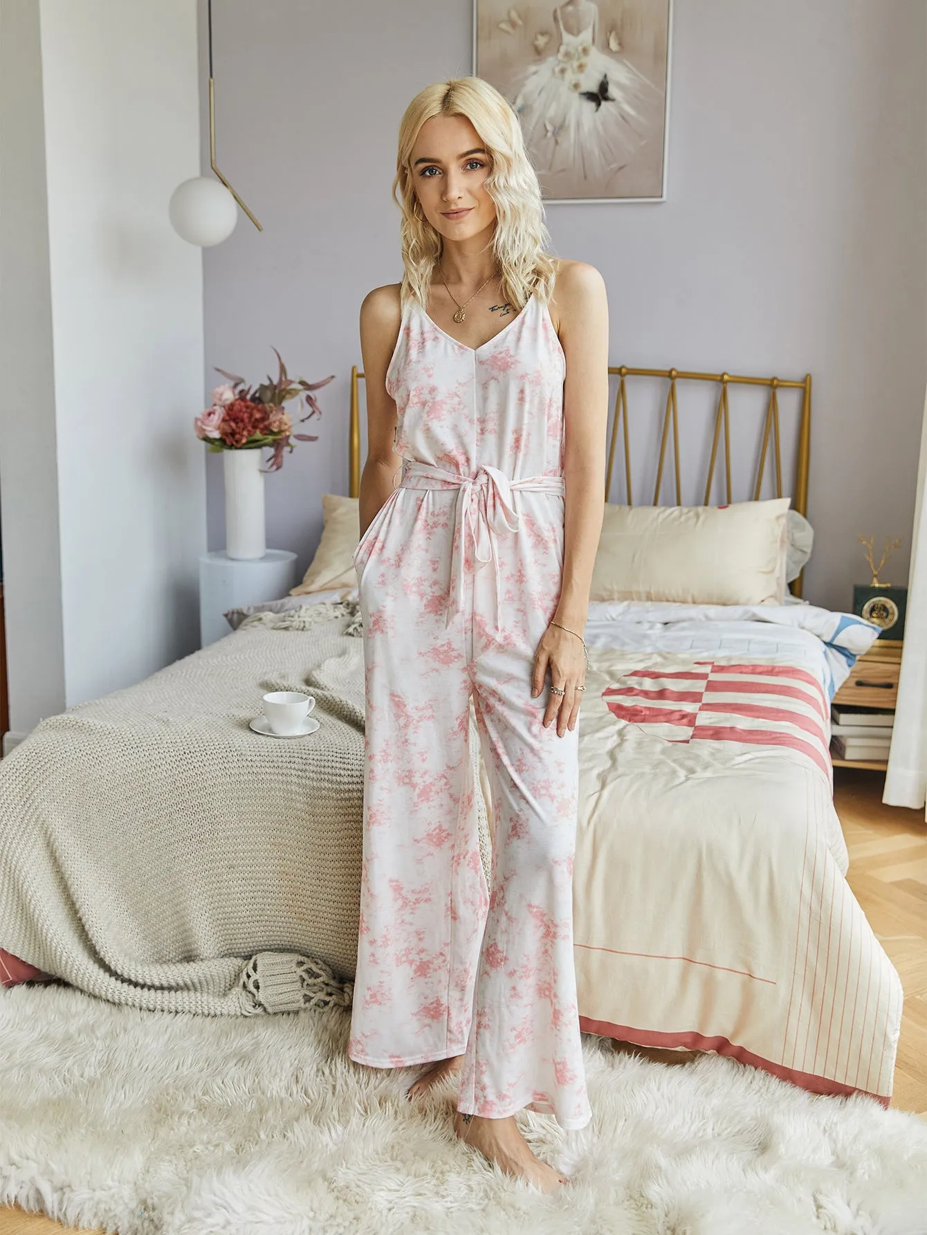 Suspenders Tie Dye Casual Lace-up Jumpsuit Loungewear Rompers