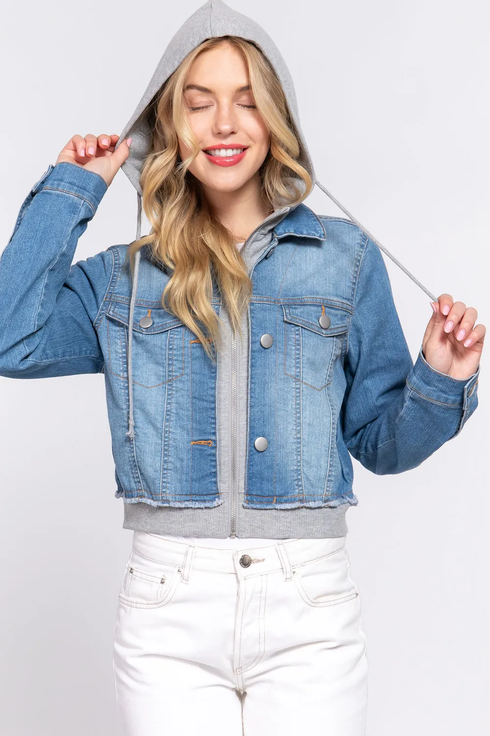 Terry Hoodie Denim Jacket Long Sleeves
