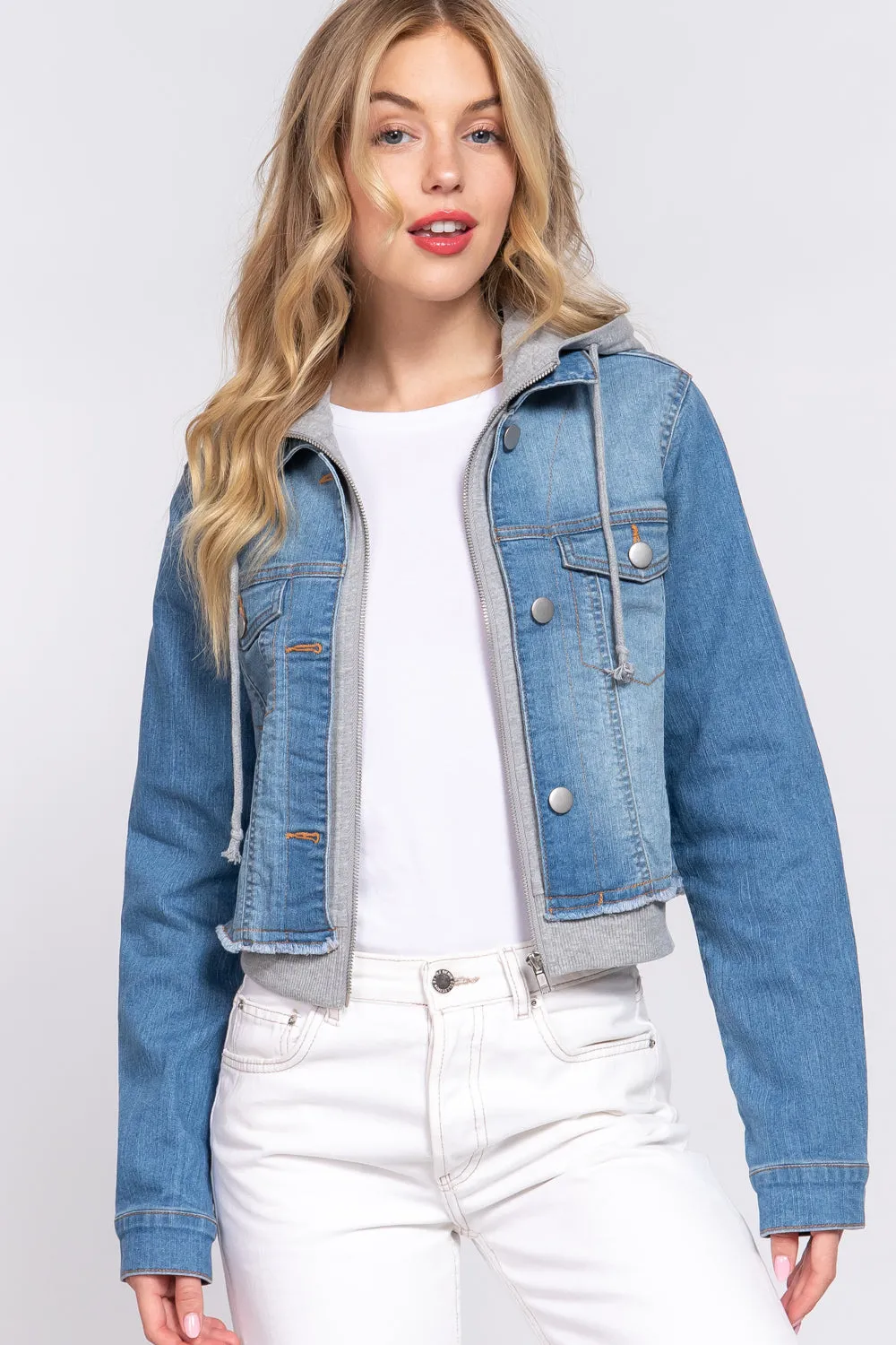 Terry Hoodie Denim Jacket Long Sleeves
