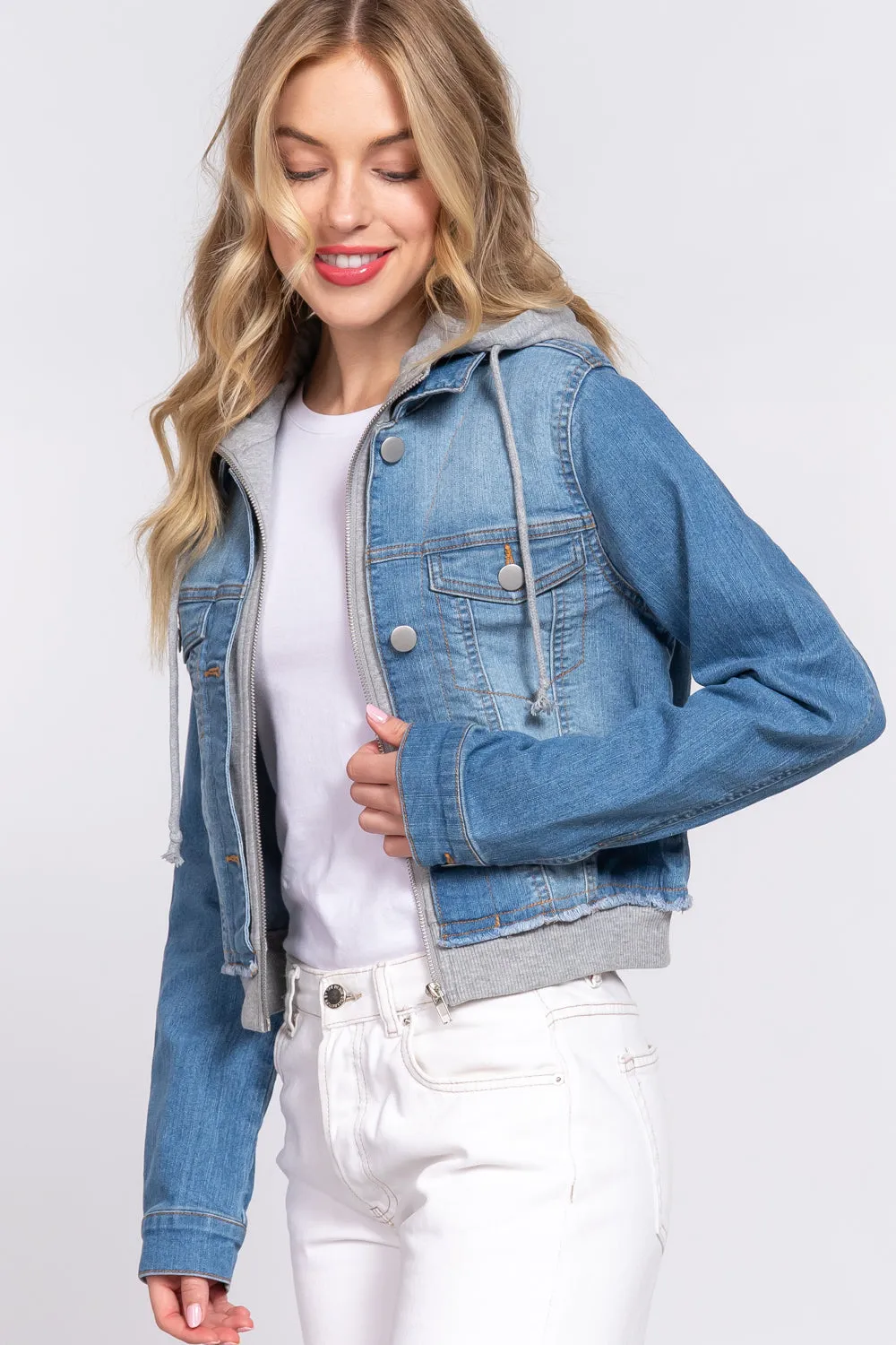 Terry Hoodie Denim Jacket Long Sleeves