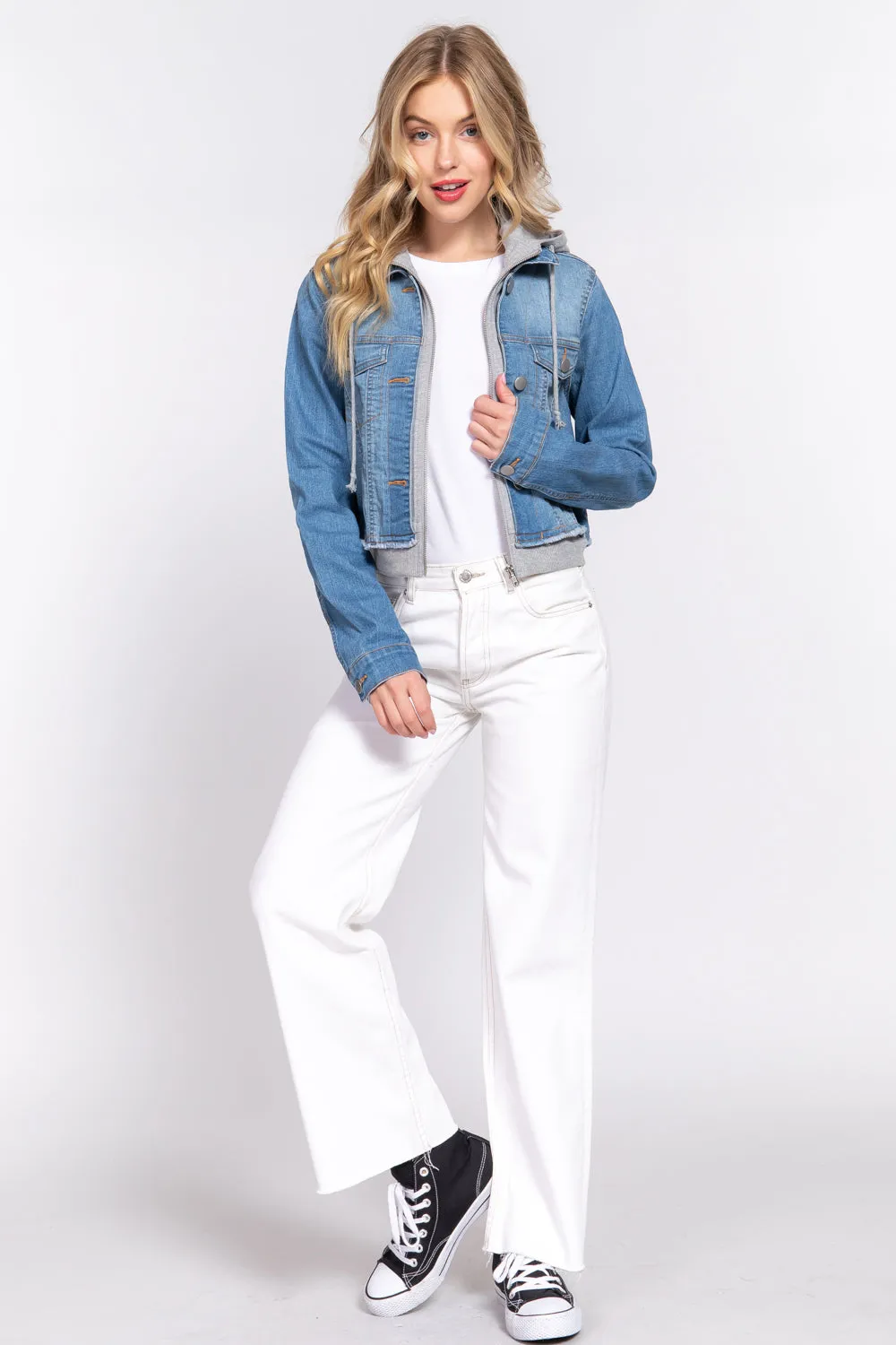 Terry Hoodie Denim Jacket Long Sleeves