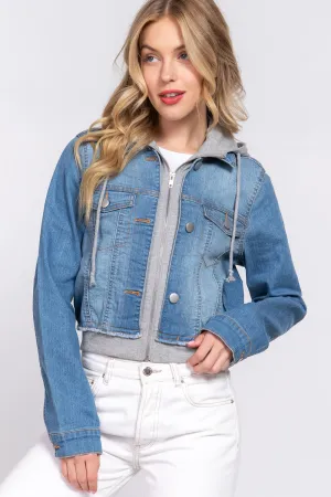 Terry Hoodie Denim Jacket Long Sleeves