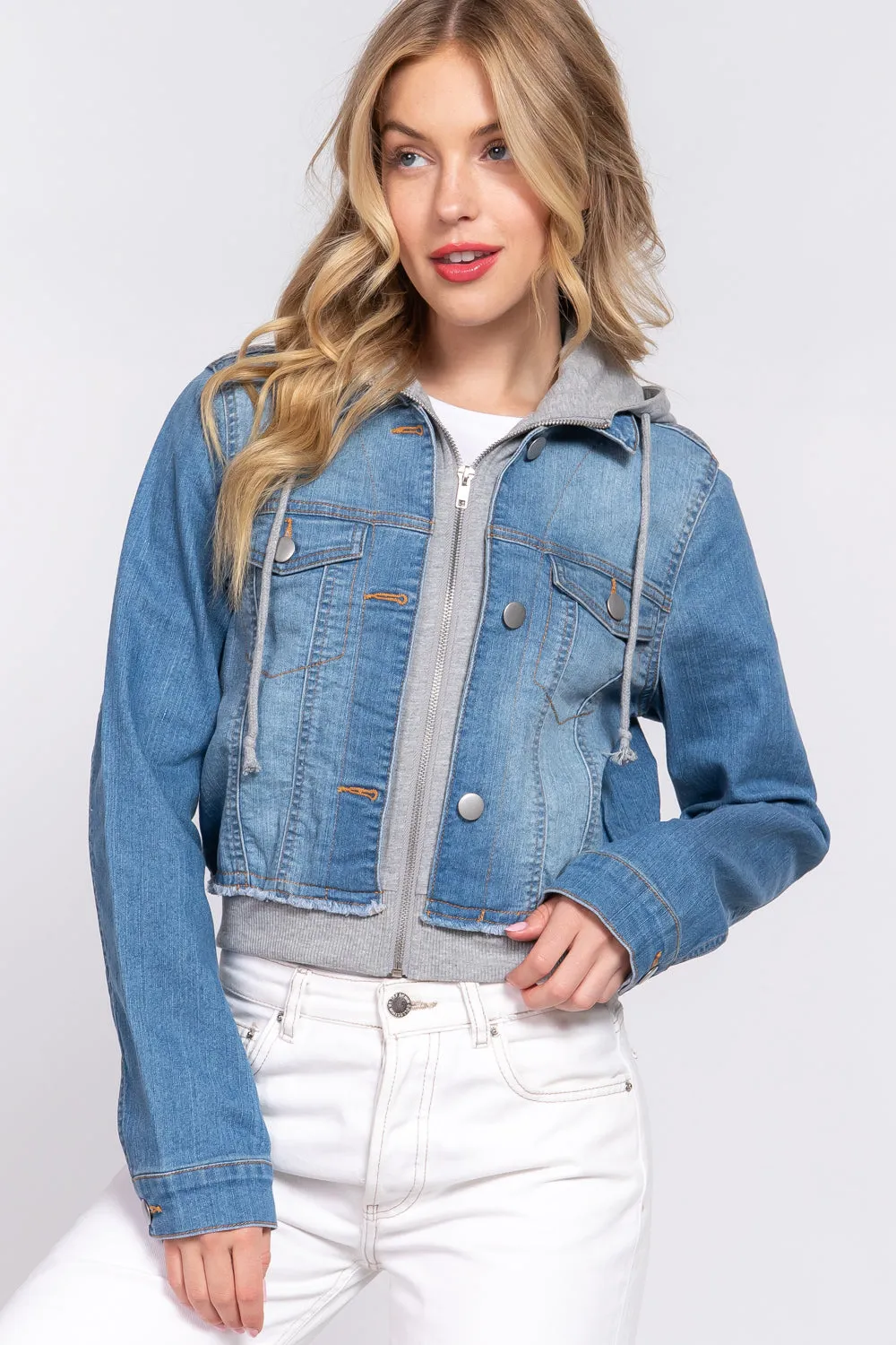 Terry Hoodie Denim Jacket Long Sleeves