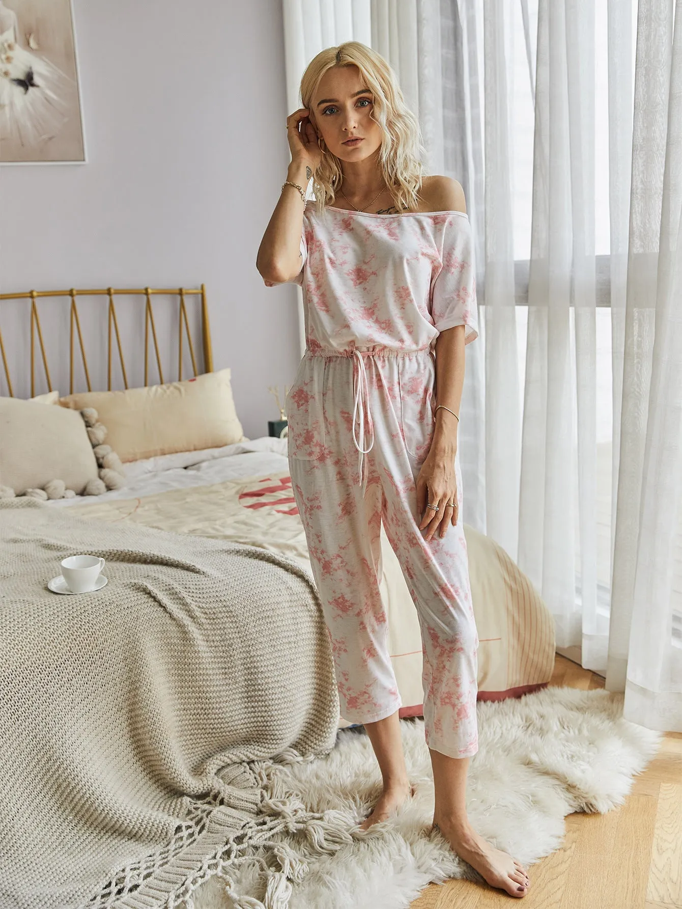 Tie Dye Lace-up Jumpsuit Print Loungewear Rompers