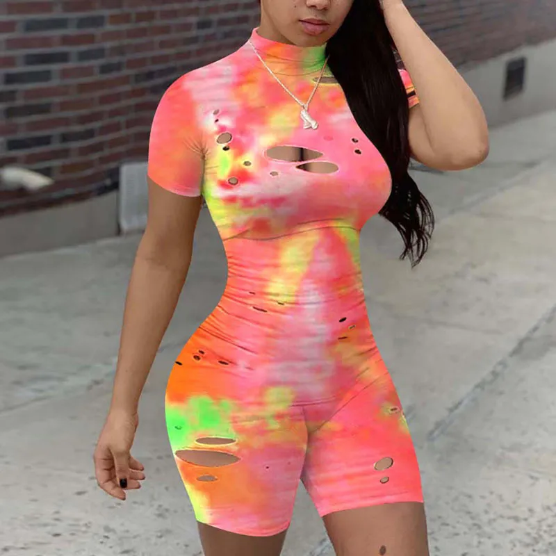 Tie Dye Print Short Sleeveless Cut Out Romper
