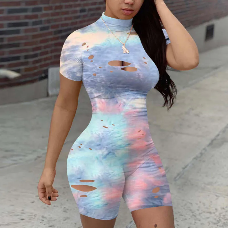 Tie Dye Print Short Sleeveless Cut Out Romper