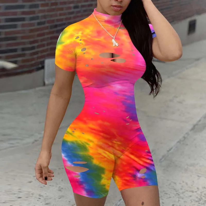 Tie Dye Print Short Sleeveless Cut Out Romper