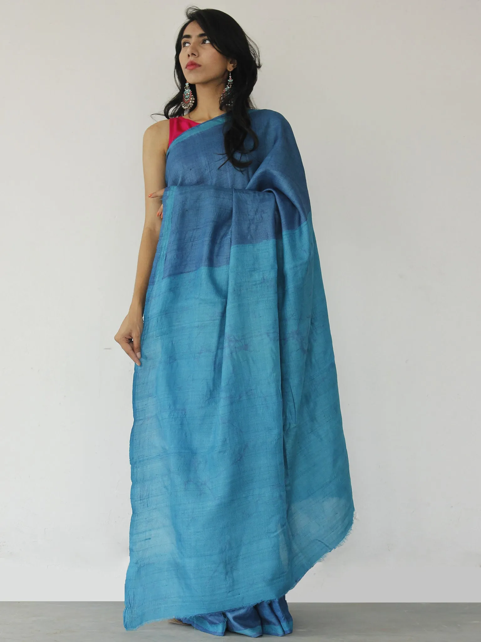 Tussar Handloom Silk Hand Painted Saree in Metallic Blue - S031702533