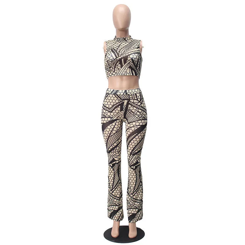 Two Piece Geometric Printed Jumpsuit Long Pants Bandage With Crop Top