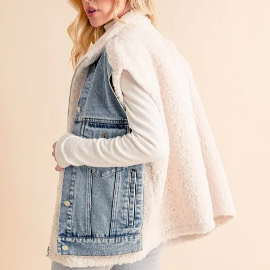 Two Pieces Denim Patch Sherpa Vest Coat