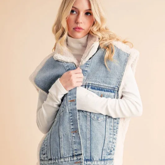 Two Pieces Denim Patch Sherpa Vest Coat