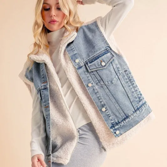 Two Pieces Denim Patch Sherpa Vest Coat