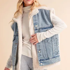 Two Pieces Denim Patch Sherpa Vest Coat