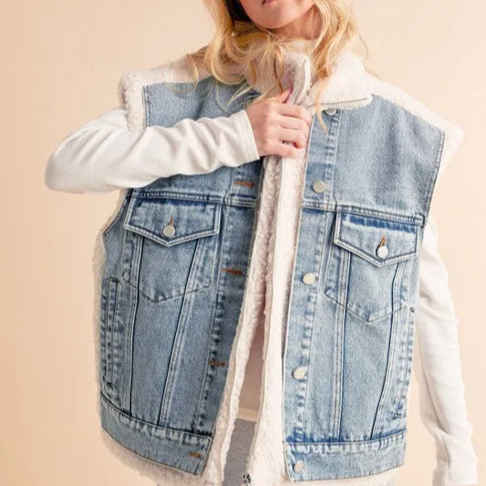 Two Pieces Denim Patch Sherpa Vest Coat