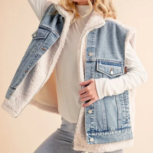 Two Pieces Denim Patch Sherpa Vest Coat