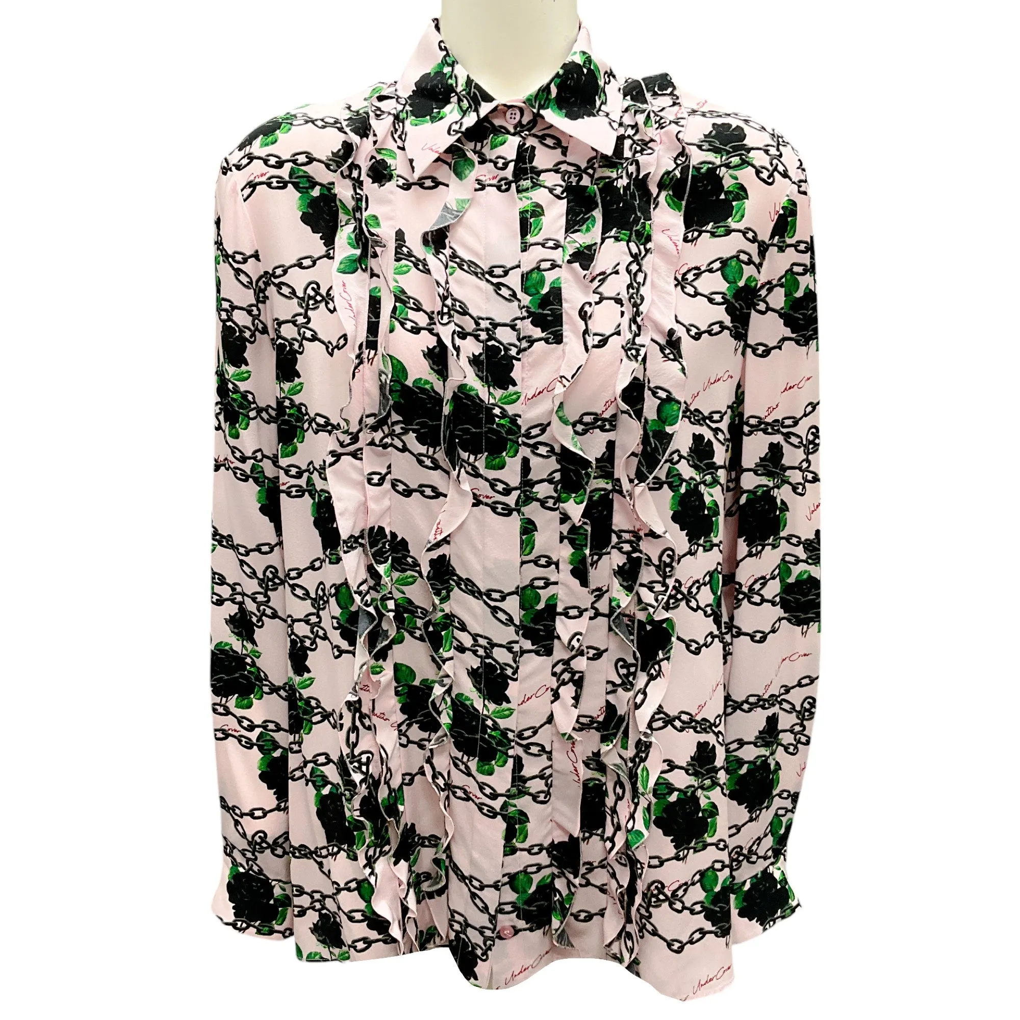 Valentino Light Pink / Black Multi 2019 Floral Rose Chain Print Ruffled Silk Button-down Blouse