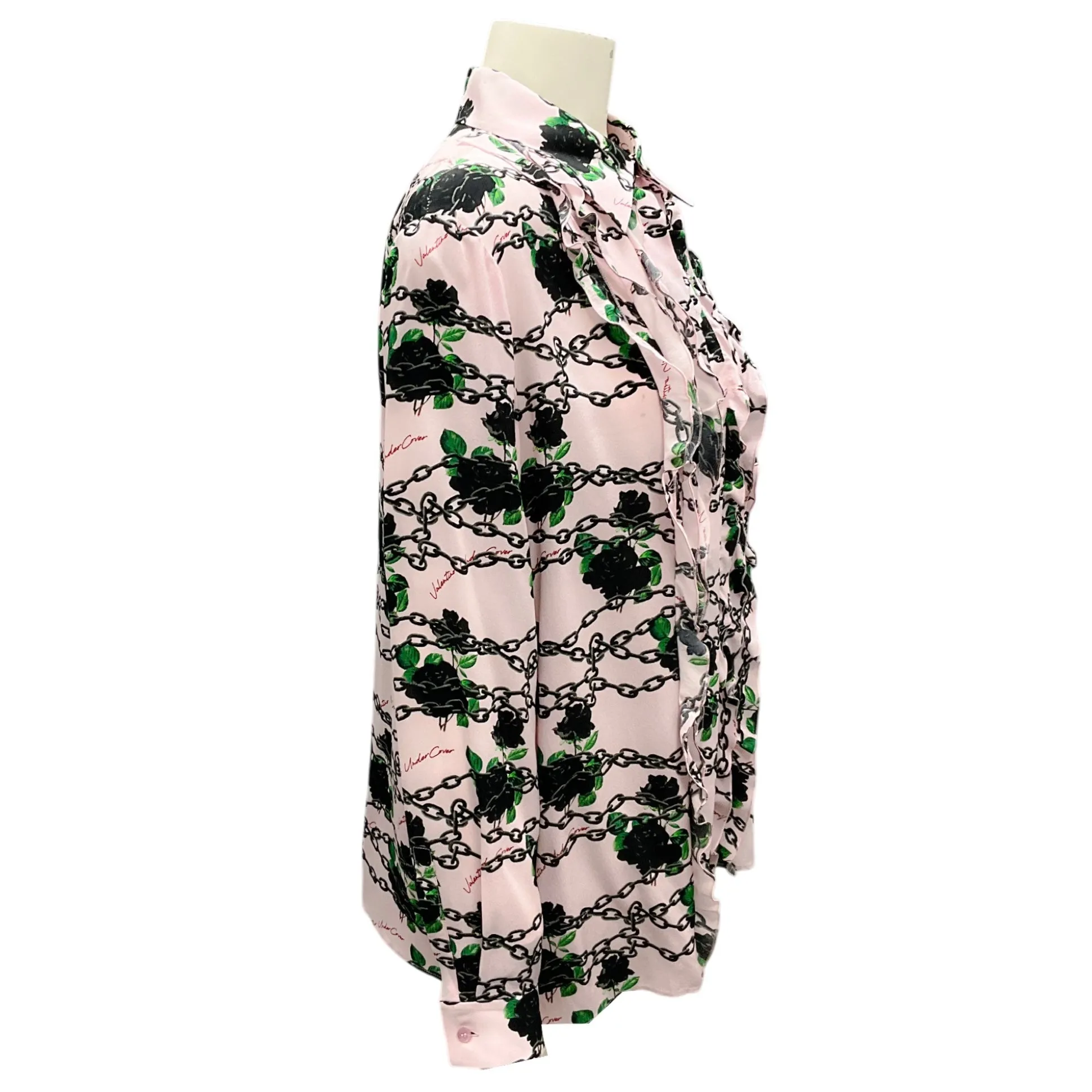 Valentino Light Pink / Black Multi 2019 Floral Rose Chain Print Ruffled Silk Button-down Blouse
