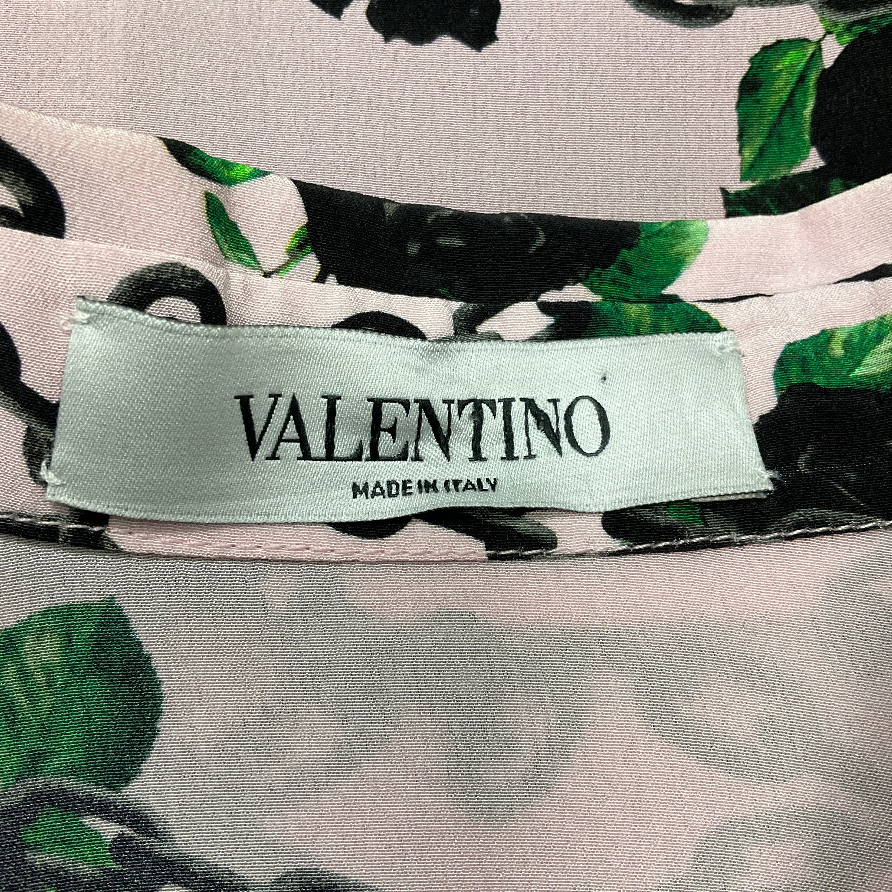 Valentino Light Pink / Black Multi 2019 Floral Rose Chain Print Ruffled Silk Button-down Blouse