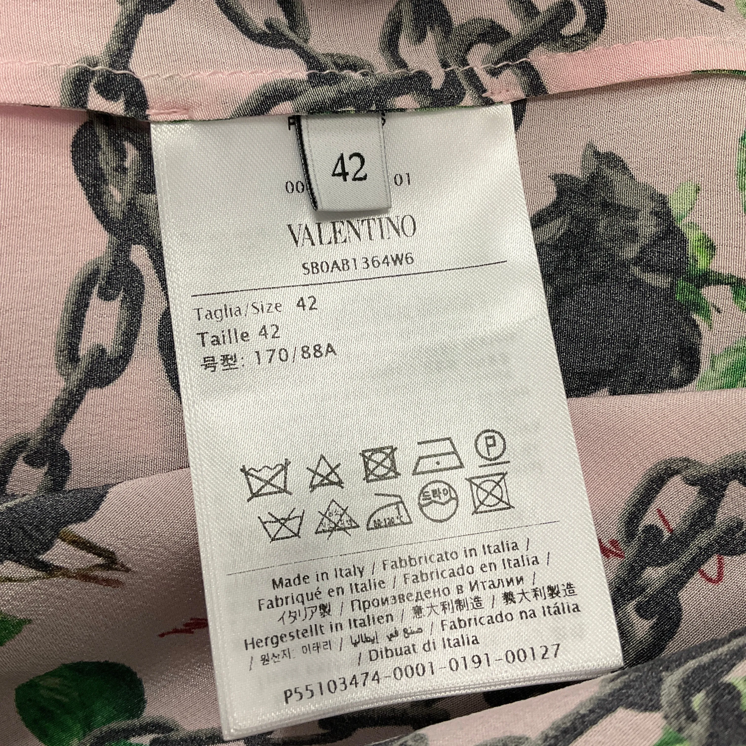 Valentino Light Pink / Black Multi 2019 Floral Rose Chain Print Ruffled Silk Button-down Blouse