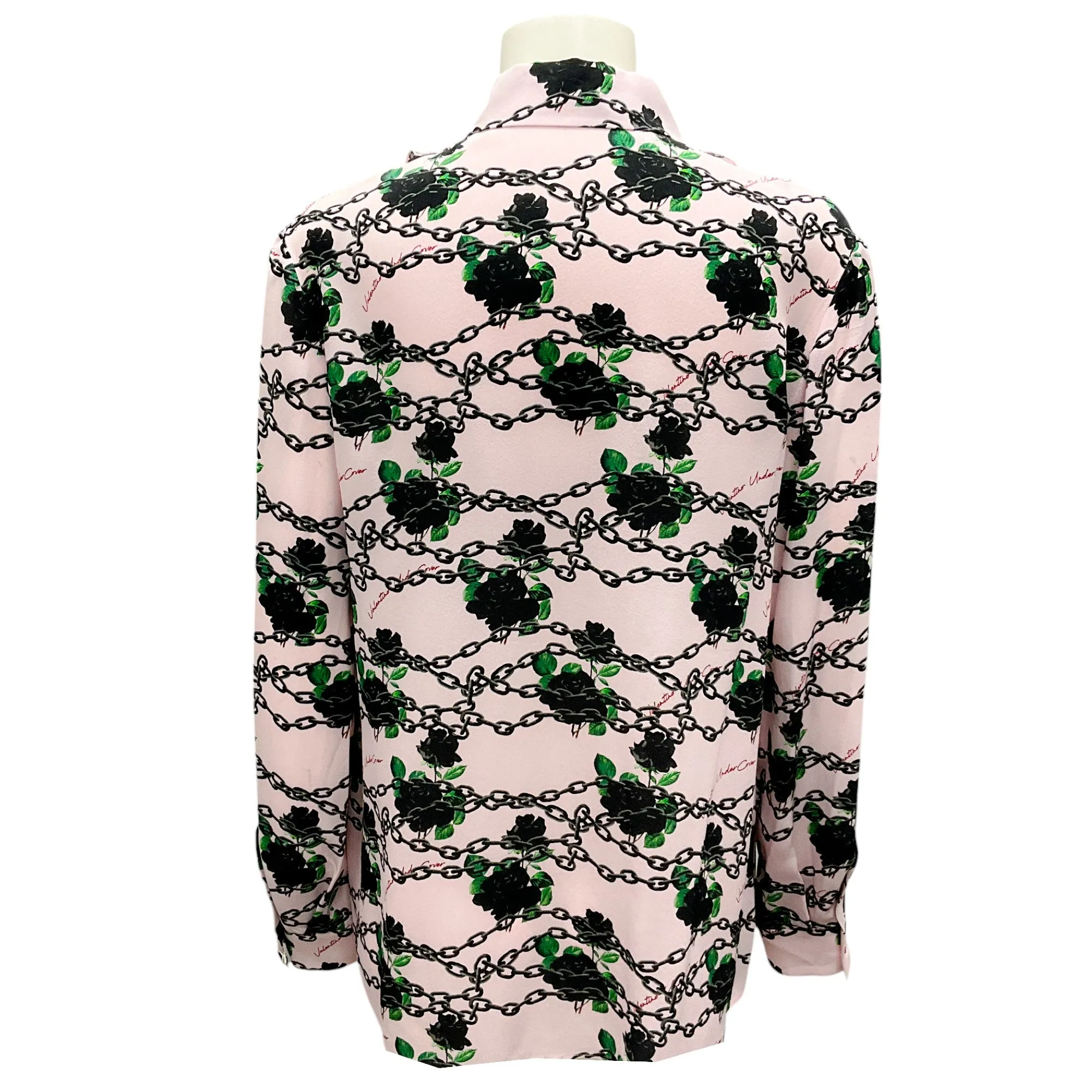 Valentino Light Pink / Black Multi 2019 Floral Rose Chain Print Ruffled Silk Button-down Blouse