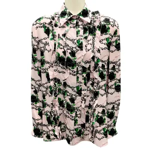Valentino Light Pink / Black Multi 2019 Floral Rose Chain Print Ruffled Silk Button-down Blouse