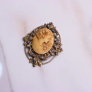 Vintage Victorian Revival Cameo with Light Blue Rhinestones and Seed Pearl Brooch