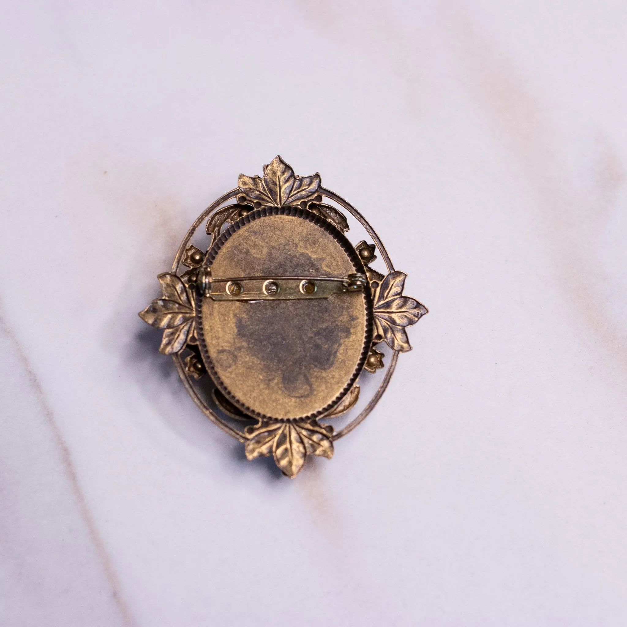 Vintage Victorian Revival Cameo with Light Blue Rhinestones and Seed Pearl Brooch
