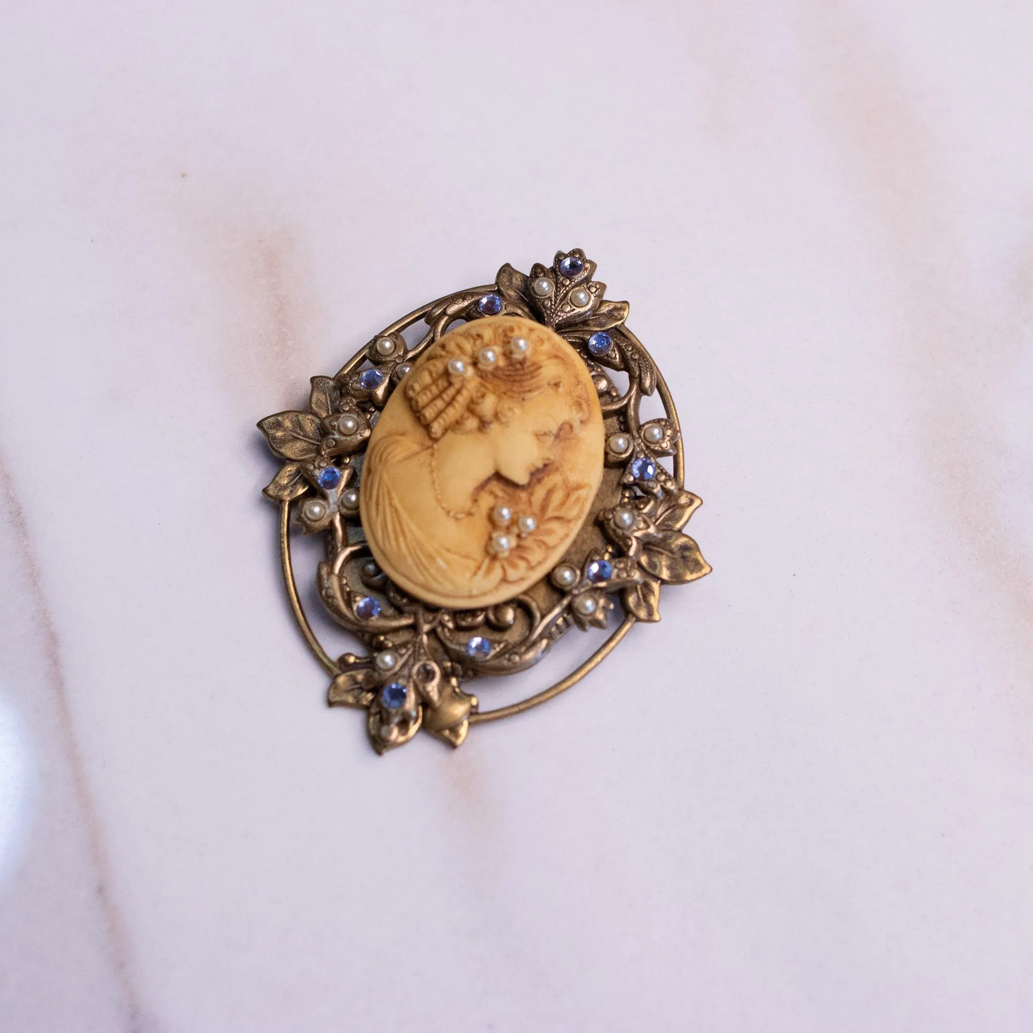 Vintage Victorian Revival Cameo with Light Blue Rhinestones and Seed Pearl Brooch